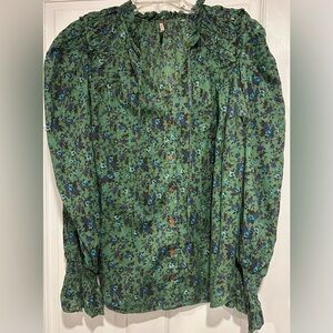 Free People - Meant to Be Ruffled Cotton Green Floral Print Blouse - Size L